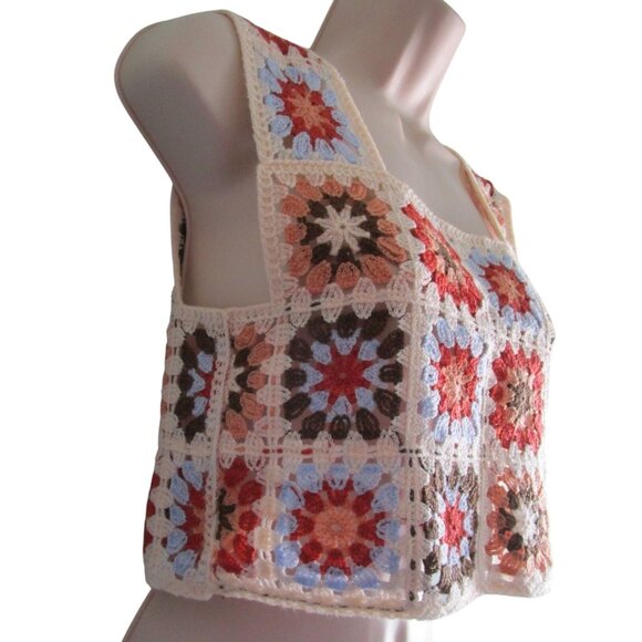 Handmade Sweaters - Vintage Handmade Crochet Granny Square Crop Top Womens S
